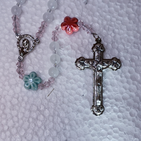 New, Beaded Necklace-Style White Jade Rosary with crystals & ceramic flower bead - Picture 3 of 5